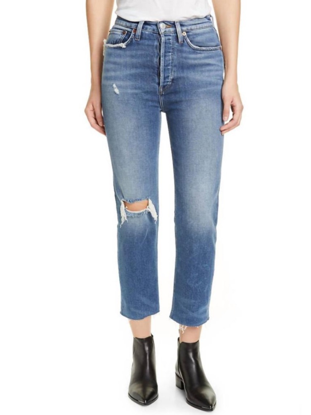 NWT RE/DONE 90s High Rise Ankle Crop in Vintage Indigo Destroy Wash Size 29